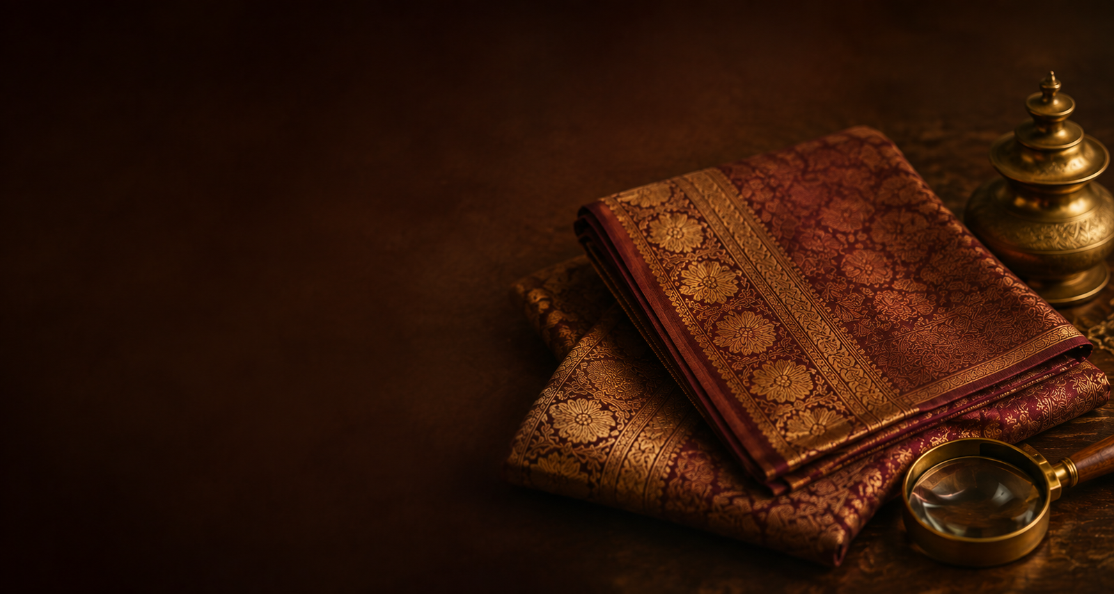 Folded old silk sarees with gold zari beside a brass lamp and magnifying glass