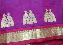 Old silk saree with woven peacock motifs in purple and gold